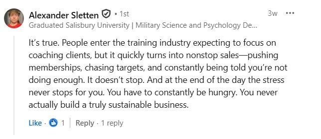 LinkedIn comment from Alexander Sletten on the gym sales treadmill