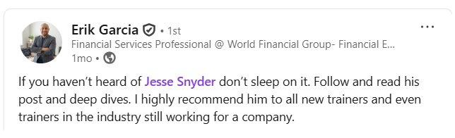 LinkedIn comment from Erik Garcia endorsing Jesse Snyder
