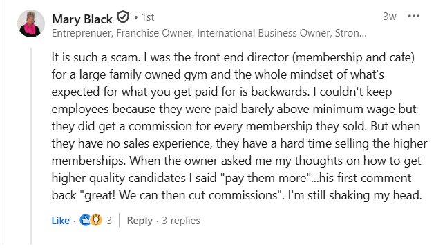 LinkedIn comment from Mary Black, former gym director