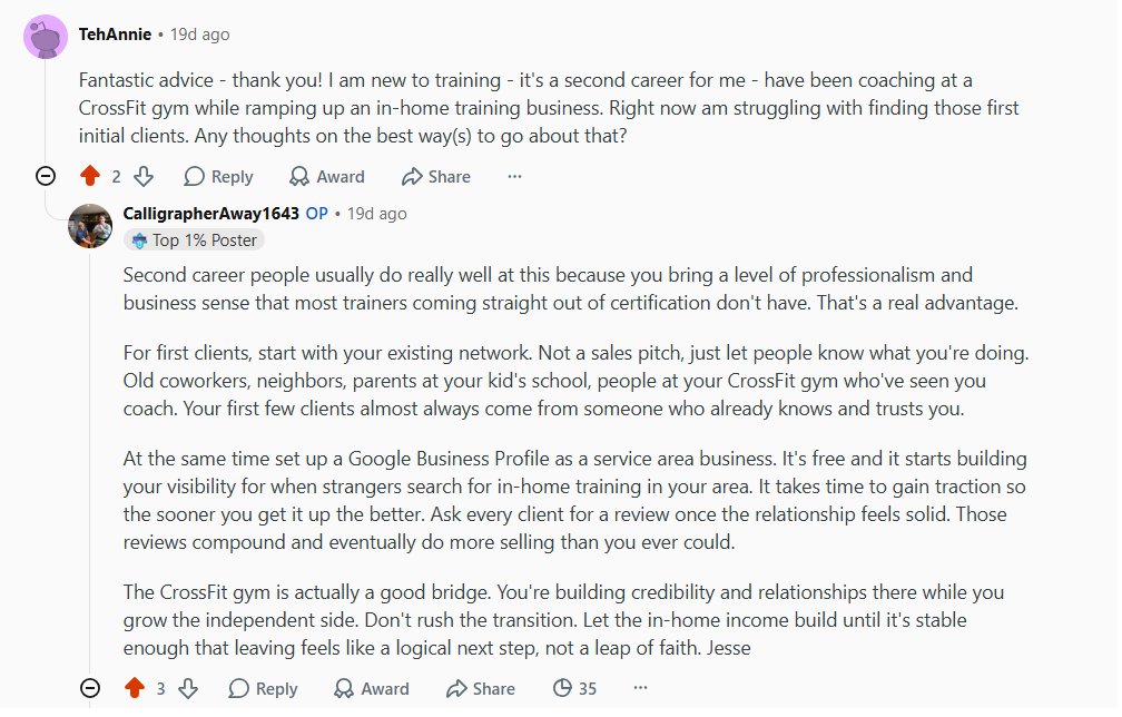 Reddit comment from u/TehAnnie about second-career in-home training